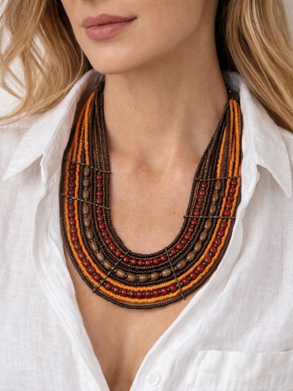 Statement Multi Strand Beaded Necklace | Boho Tribal Earth Tone | Layered Wood